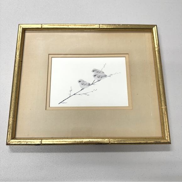 Bird On Branch Print Gold Framed Art 11.5 X 10 MCM Vintage Home Decor Signed - Picture 1 of 9